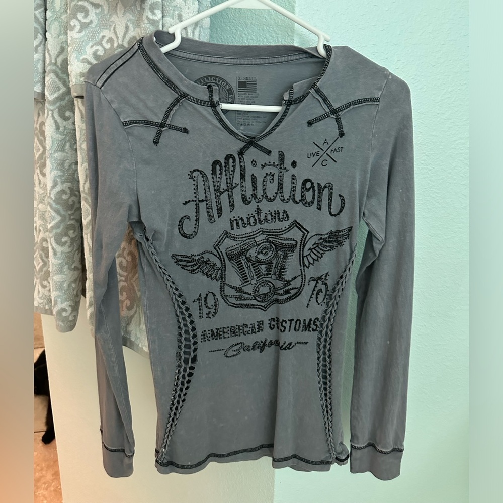 Affliction Women's Long Sleeve Graphic Tee - Gray with Black Print